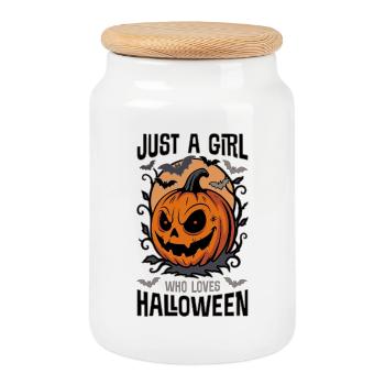 Just a Girl Who Loves Halloween – Pumpkin and Bats - Cookie Jar with Wooden Lid - white - Front