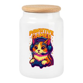 Vibrant Gamer Cat with Headset, Love Cats  - Cookie Jar with Wooden Lid - white - Front