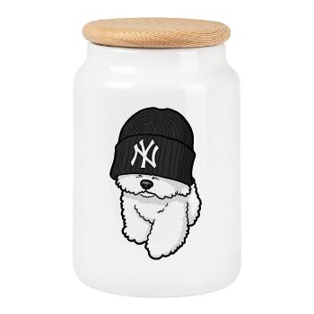 Chien Mode Street New York - Boîte à biscuits avec couvercle en bois - blanc - Devant