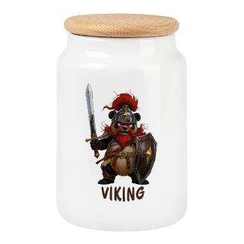 Panda in Viking Outfit – Viking Cartoon - Cookie Jar with Wooden Lid - white - Front