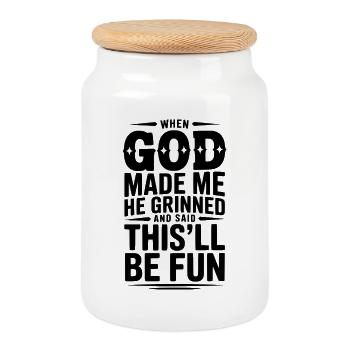 Quand Dieu m’a fait, il a souri en disant que ce serait amusant - Boîte à biscuits avec couvercle en bois - blanc - Devant