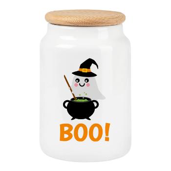 Halloween Girl Sepenst Boo! with magic cauldron - Cookie Jar with Wooden Lid - white - Front