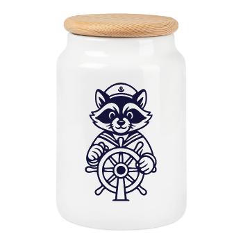 Raccoon Captain at the Helm - Cookie Jar with Wooden Lid - white - Front