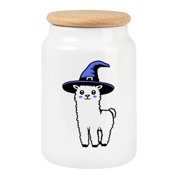 Mignon Alpaga Lama Chapeau de Sorcière Costume d’Halloween - Boîte à biscuits avec couvercle en bois - blanc - Devant