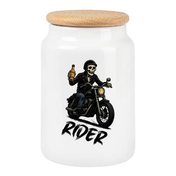Skeleton biker with bottle - Cookie Jar with Wooden Lid - white - Front