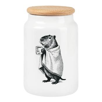 Don't Worry Be Cappy - Fall Winter Capybara - Cookie Jar with Wooden Lid - white - Front
