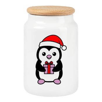 Pingouin de Noël mignon avec cadeau - Boîte à biscuits avec couvercle en bois - blanc - Devant