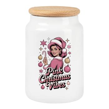 Chemise rose Noël Vibes Mère Noël - Boîte à biscuits avec couvercle en bois - blanc - Devant