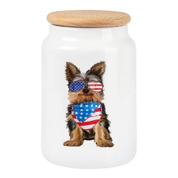 Yorkie patriotique avec lunettes et écharpe USA - Boîte à biscuits avec couvercle en bois - blanc - Devant