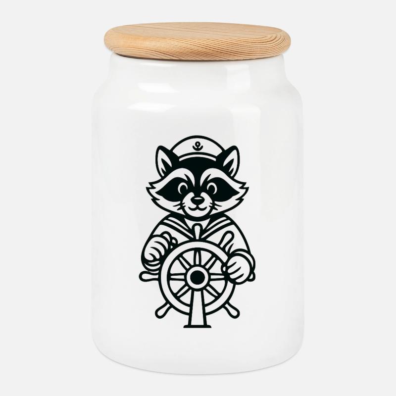 Raccoon Captain Navigation - Keksdose mit Holzdeckel - Weiß