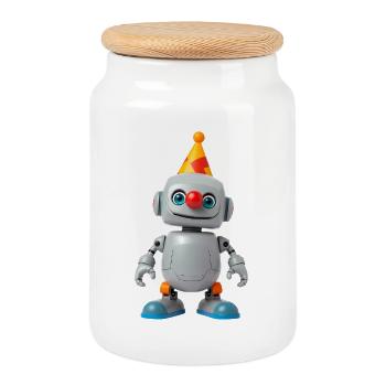 Little robot with party hat - Cookie Jar with Wooden Lid - white - Front