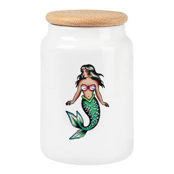 Tatouage de sirène rétro - Boîte à biscuits avec couvercle en bois - blanc - Devant