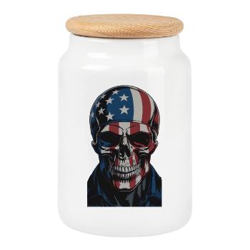 USA Totenkopf - Patriot Skull Design - Keksdose mit Holzdeckel - Weiß - Vorne