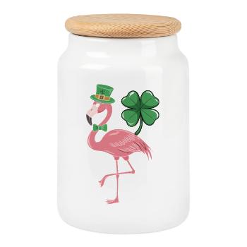 Flamingo im Shamrock-Stil - Keksdose mit Holzdeckel - Weiß - Vorne