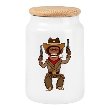 Funny Cowboy Monkey Gunslinger Cartoon Design - Keksdose mit Holzdeckel - Weiß - Vorne