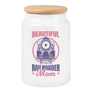 Railroad Worker Mom - Cookie Jar with Wooden Lid - white - Front