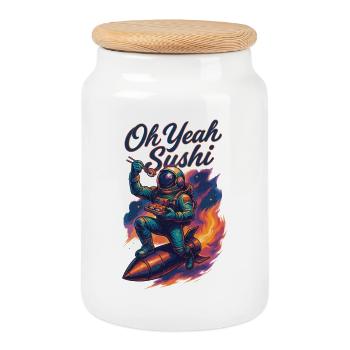 Astronaut auf Rakete: Oh Yeah Sushi Galaxie Design - Keksdose mit Holzdeckel - Weiß - Vorne