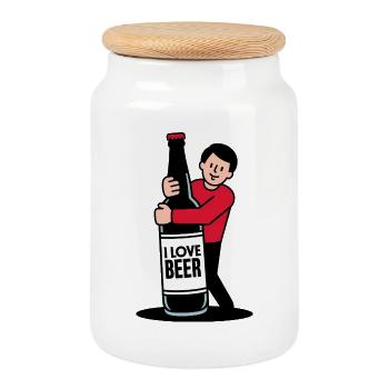 Beer Love Cartoon - Cookie Jar with Wooden Lid - white - Front