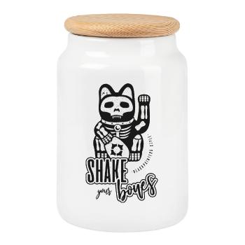 Chat qui agite le squelette - Secouez vos os - Boîte à biscuits avec couvercle en bois - blanc - Devant
