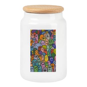 Buntes Doodle Geister Muster - Lustige Gesichter - Keksdose mit Holzdeckel - Weiß - Vorne