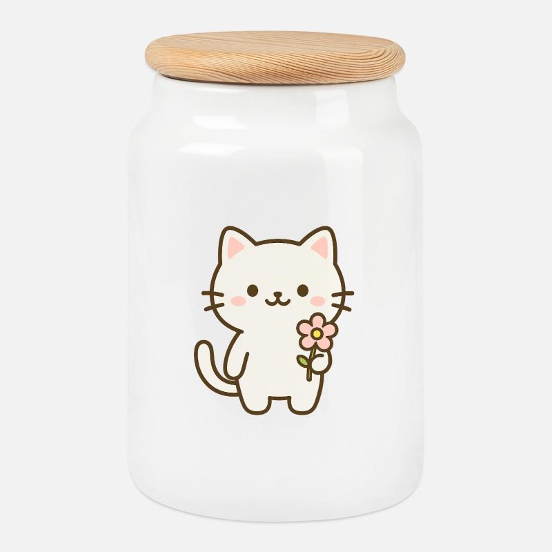 Süße Katze mit Blume - Keksdose mit Holzdeckel - Weiß