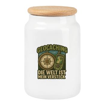 Geocaching: Welt ist mein Versteck - Keksdose mit Holzdeckel - Weiß - Vorne