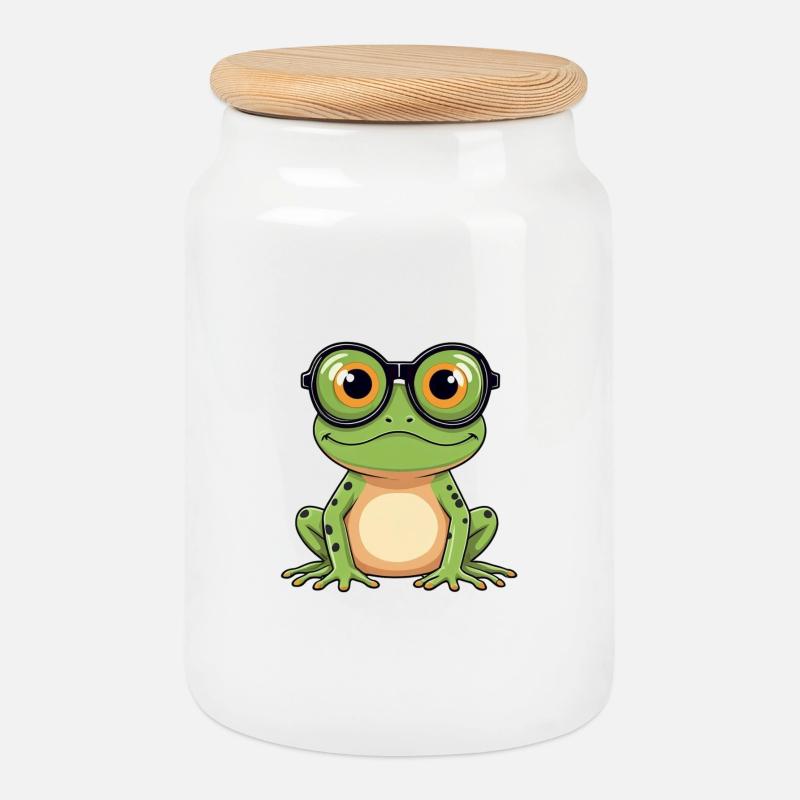 Frosch mit Brille - Keksdose mit Holzdeckel - Weiß