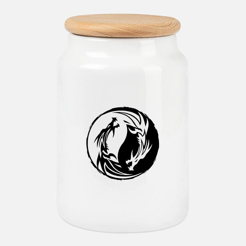 Drache Yin Yang - Keksdose mit Holzdeckel - Weiß