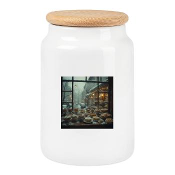 Snowy Window Bakery Pastries - Cookie Jar with Wooden Lid - white - Front