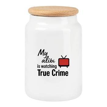 My Alibi Shirt – Lustiges True Crime TV Podcast - Keksdose mit Holzdeckel - Weiß - Vorne