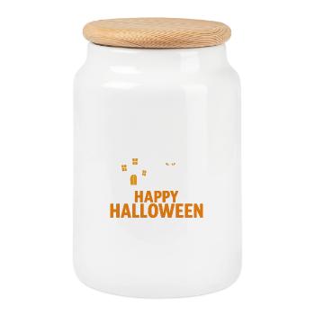 Conception de chat et de maison hantée d’Halloween - Boîte à biscuits avec couvercle en bois - blanc - Devant