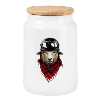 Pilot sheep in bomber look - Cookie Jar with Wooden Lid - white - Front