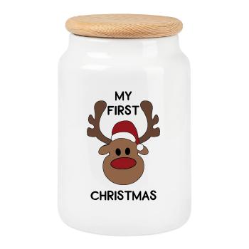 first christmas - Cookie Jar with Wooden Lid - white - Front