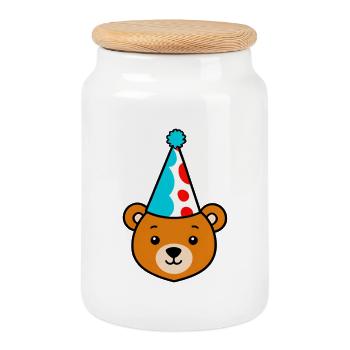 Party bear with colorful hat - Cookie Jar with Wooden Lid - white - Front