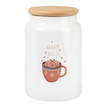 Warm Hugs in Cats Cup - Cookie Jar with Wooden Lid - white - Front