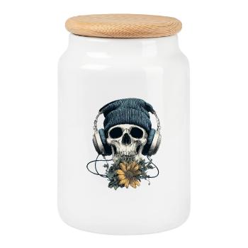 Crâne avec casque et fleurs - Boîte à biscuits avec couvercle en bois - blanc - Devant