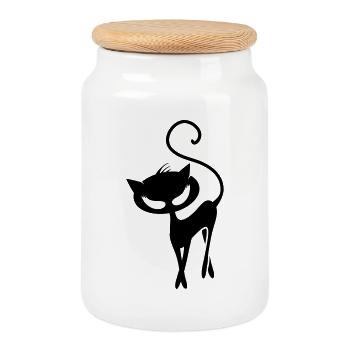 A black cat - Cookie Jar with Wooden Lid - white - Front