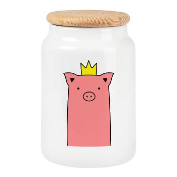 Sow piglet piggy with crown gift - Cookie Jar with Wooden Lid - white - Front