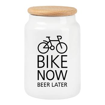 Bike now beer later - Cookie Jar with Wooden Lid - white - Front