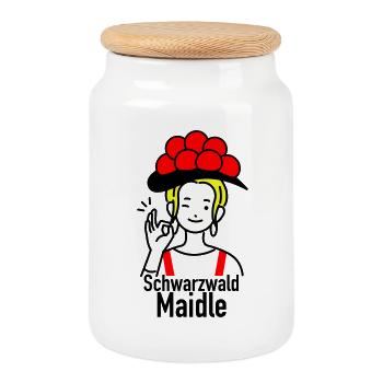 Lustiges Schwarzwald Maidle Bollenhut Design - Keksdose mit Holzdeckel - Weiß - Vorne