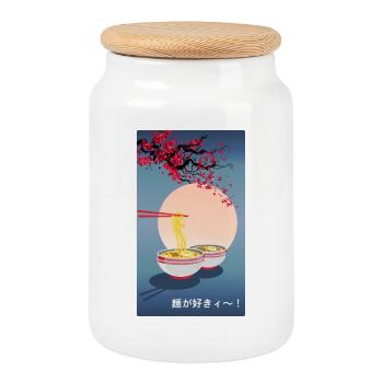 Oriental Japanese Art | Noodle | Ramen - Cookie Jar with Wooden Lid - white - Front