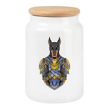 Knight dog dog breed Doberman with armor - Cookie Jar with Wooden Lid - white - Front