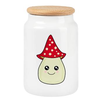 Kawaii Mushroom Toadstool cute red with face - Cookie Jar with Wooden Lid - white - Front
