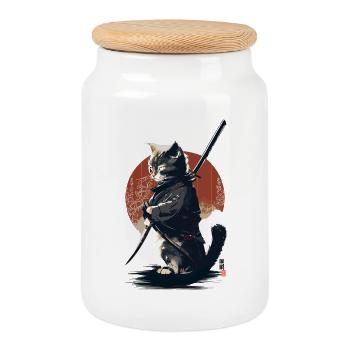 Kawaii Neko Samurai : cat samurai - Cookie Jar with Wooden Lid - white - Front