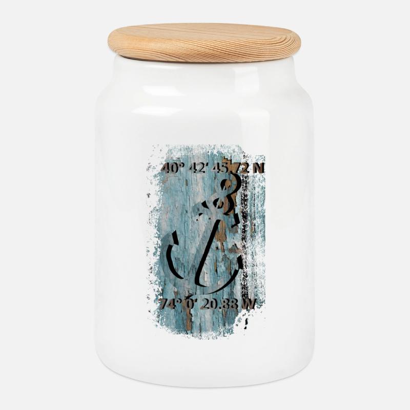 Anchor with coordinates - Cookie Jar with Wooden Lid - white