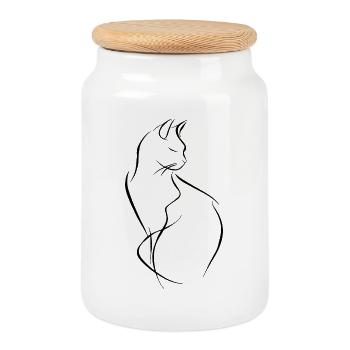 Cat Drawing - Cookie Jar with Wooden Lid - white - Front