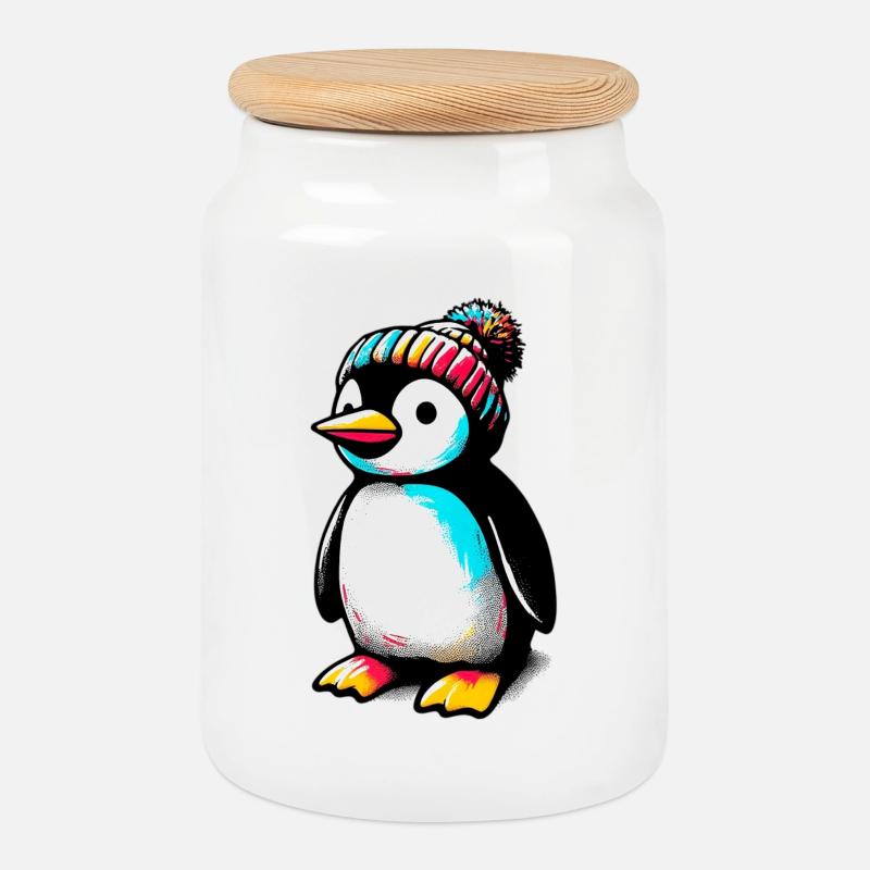 Pinguin mit winterlicher Wollmütze - Keksdose mit Holzdeckel - Weiß