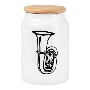 Tuba Drawing - Cookie Jar with Wooden Lid - white - Front