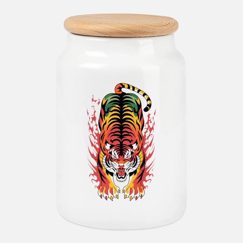 Flammenplatsch der Flammenflamme des lodernden Tigers - Keksdose mit Holzdeckel - Weiß