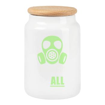 Allergisch gegen dich – Gasmaske Humor T-Shirt - Keksdose mit Holzdeckel - Weiß - Vorne